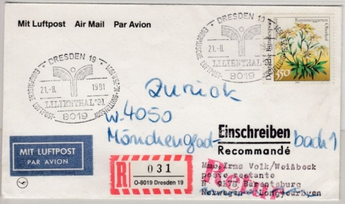DDR - Dresden Lilienthal'91 SST a. Lupo-Einschreibebrief n. NORWEGEN/Spitzbergen