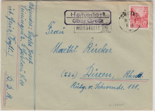 DDR - Hohndorf ü. Greiz, Landpost-Ra2 a. Brief n. Düren 1957