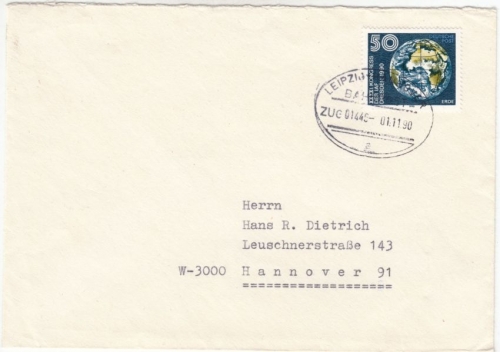 DDR - Leipzig - Hannover Bahnpost Zug 1446, Brief n. Hannover 1990, VGO-Tarif