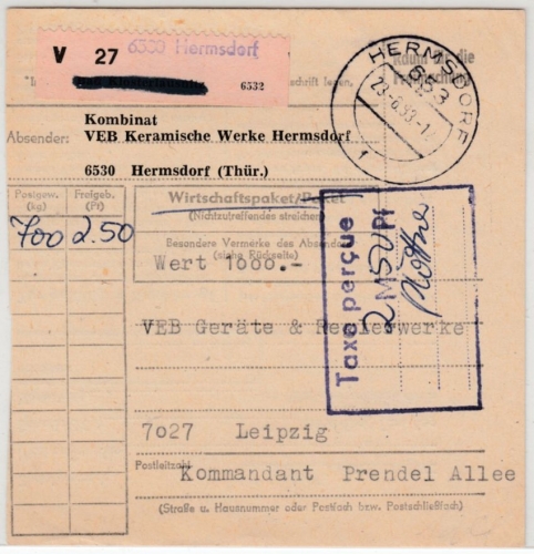 DDR - Hermsdorf 1983, Taxe percue Ra4 Wertpaketkarte/Wirtschaftspaket n. Leipzig