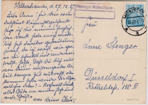 DDR - Meiningen-Welkershausen, apt. Landpost-Ra2 a. Karte n. Düsseldorf 1957