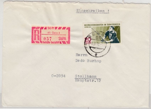 DDR - 20 Pfg. Turnierangeln + 50 Pfg. SbPA Einschreibebrief Gera - Stollham 1970
