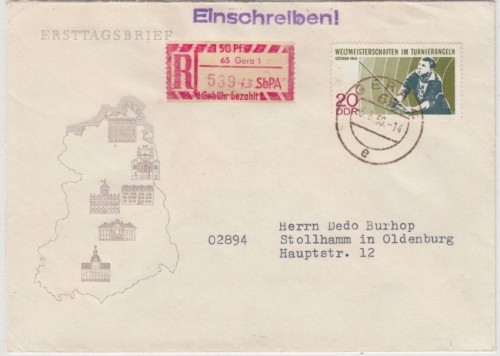 DDR - 50 Pfg. SbPA + 20 Pfg. Turnierangeln Einschreibebrief Gera - Stollham 1970