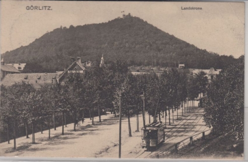 Sachsen - Görlitz, Landskrone m. Straßenbahn, sw-AK gelaufen 1915