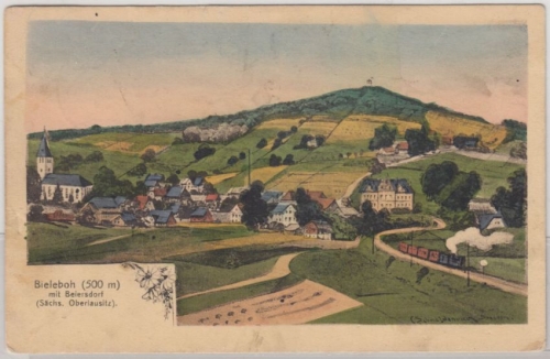 Sachsen - Bieleboh m. Beiersdorf, farb. AK gelaufen 1926