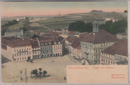 Sachsen - Bischofswerda Markt m. Rathaus, farb. AK gelaufen 1908