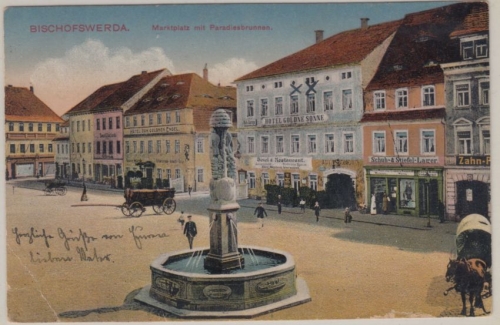 Sachsen - Bischofswerda Marktplatz, Hotel Goldene Sonne, farb. AK gelaufen 1916