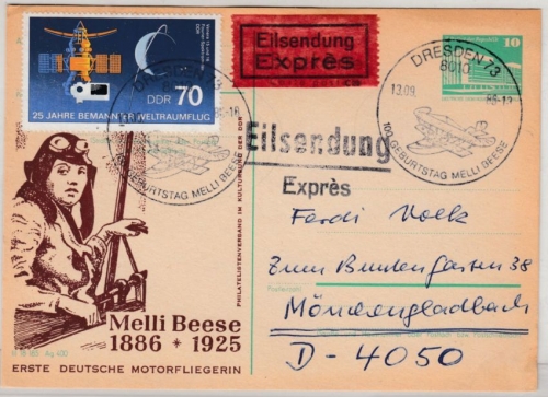 DDR - Dresden 1986, 10 Pfg. GA-Karte m.priv. Zudruck Melli Beese Eilpostkarte m.