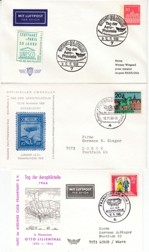 BRD - Tag d. Aerophilatelie 3 versch. Sonderkarten Stuttgart/Düsseldorf/FFM 1966