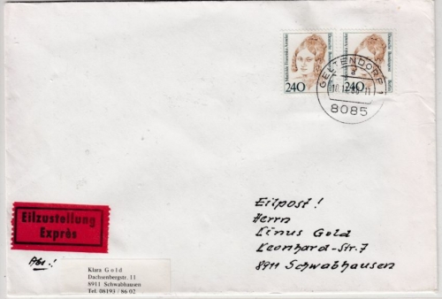 Berlin - 2x240 Pfg. Frauen, Eilbrief Geltendorf - Schwabhausen 1988