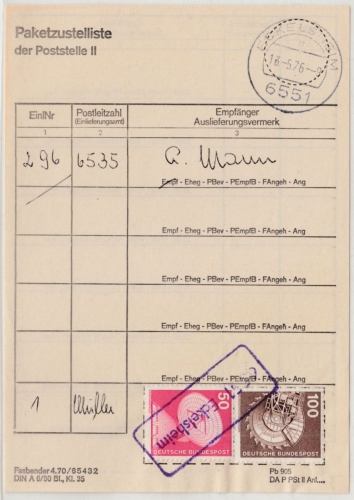 BRD - 6551 Eckelsheim 1976, Poststelle II Ra1 a. Paketzustelliste