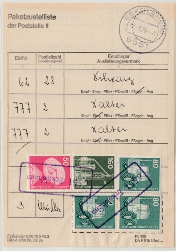 BRD - 6551 Eckelsheim Poststelle II Ra1 a. Paketzustelliste 1976