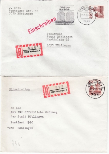 BRD - Böblingen 1-2-3-4, 4 versch. Postämter/4 Einschreibebriefe ex 1973/81