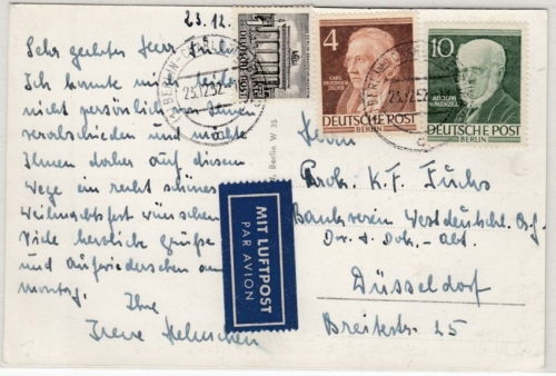 Berlin - 10 Pfg. Menzel u.a., Lupo-Karte/FDC Berlin - Düsseldorf 23.12.52