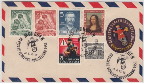 Berlin - 10+20 Pfg. Tag d. Briefmarke u.a., phil. Schmuckkuvert SST München 1953