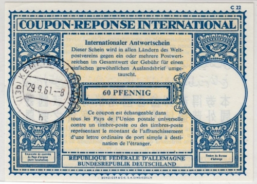 BRD - 60 Pfg. Internationaler Antwortschein/Coupon Response gestpl. Kempten 1961