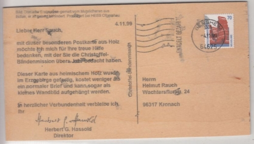 BRD - 70 Pfg. SWK, Holz-Postkarte/Infopost Bensheim - Kronach 1999