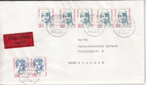 BRD - 2x250+5x50 Pfg. Frauen, Orts-Eilbrief Kronach 1991, mit Inhalt