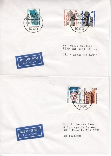 Berlin - Sehenswürdigkeiten, Bogenmarken, alle Werte/9 Belege LETZTTAG 31.12.91