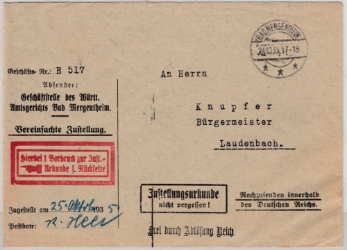 DR - Bad Mergentheim 1935, Zustellurkunde/Frei d. Ablösung n. Laudenbach