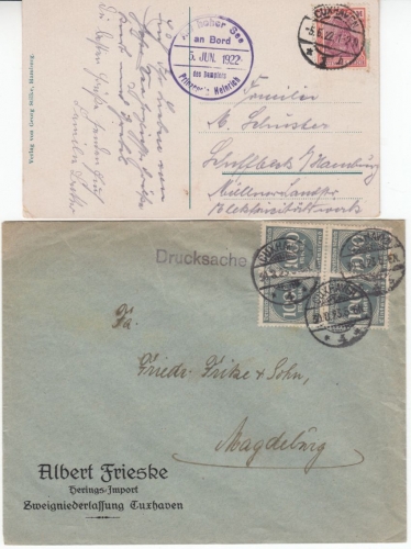 DR/BRD - Cuxhaven, 7 Heimatbelege (AFS, Paketkarte, Schiffspost etc.)1922/87