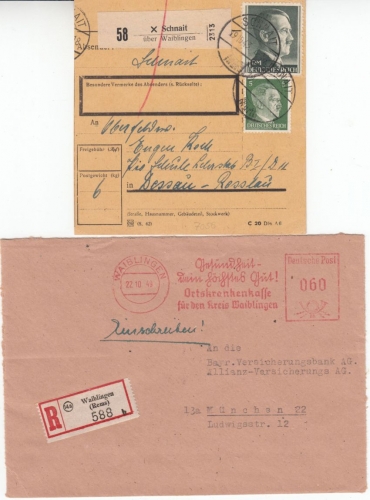 DR/Bizone - Waiblingen/Schnait ü. Waiblingen, Paketkarte (1943) + Einschreiben