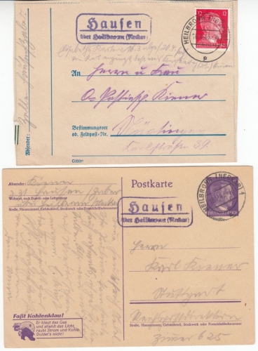 DR - Hausen ü. Heilbronn, Landpost-Ra2 a. GA-Karte bzw. Brief 1943