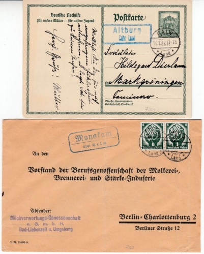DR - Altburg (2), Monakam, 3 versch. Landpost-Ra2 a. 2xGA-Karte/1xBrief 1932/35