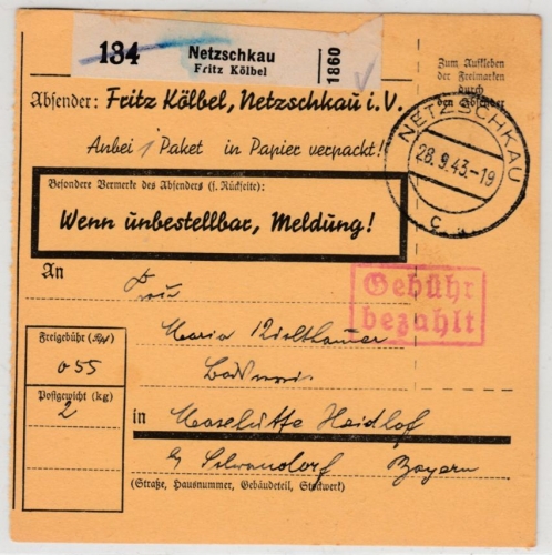 DR - Netzschkau 1943, Gebühr bezahlt Ra2 a. Paketkarte/Selbstbucher n.