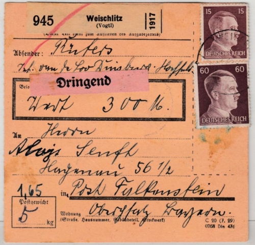 DR - 2x60+40+15 Pfg. AH, Dringend-Wertpaketkarte Weischlitz - Falkenstein 1943