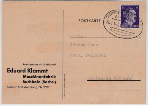DR - Chemnitz-Weipert-Komotau Zug1423 - 1943 Bahnpost Karte Buchholz - Wertingen