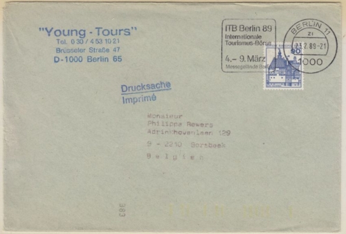 Berlin - 90 Pfg. B&S, Drucksache >20g n. BELGIEN, Berlin 11 - Borsbeek 1989