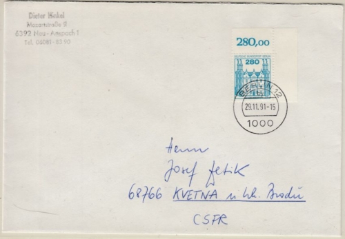 Berlin - 280 Pfg. B&S, Bogenecke, Brief >50g n. CSSR, Berlin 12 - Kvetna 1991
