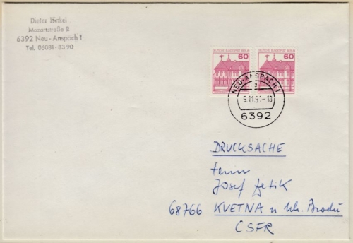 Berlin - 2x60 Pfg. B&S, D-Zähnung Drucksache n. CSSR, Neu-Anspach - Kvetna 1991