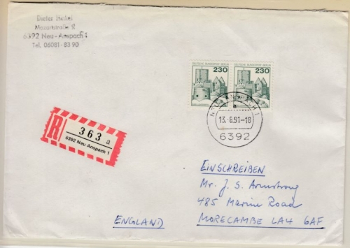 Berlin - 230 Pfg. B&S, waagr. Paar Einschreibebrief n. ENGLAND Neu-Anspach 1991