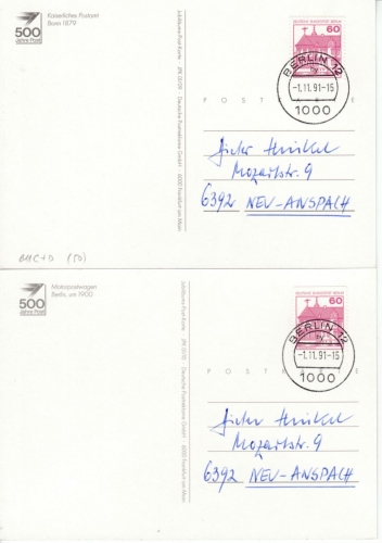 Berlin - 60 Pfg. B&S, C+D-Zähnung, 2 Postkarten Berlin 12 - Neu-Anspach 1991