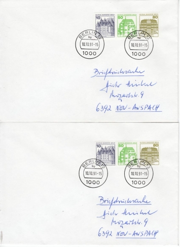 Berlin - 10+50+80 Pfg. B&S Zdr., C+D-Zähnung, 2 Briefdrucksachen Berlin 12 1991