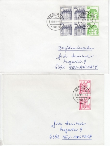 Berlin - Burgen & Schlösser, 10 Belege mit Berlin-Abstempelungen 1991