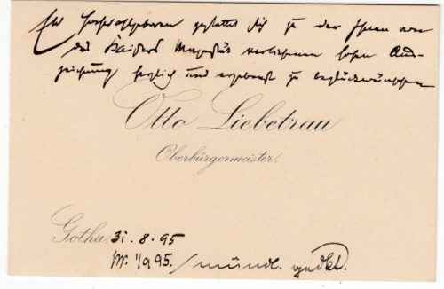 Thüringen - Gotha, Otto Liebetrau Oberbürgermeister Visitenkarte m. Widmung 1895