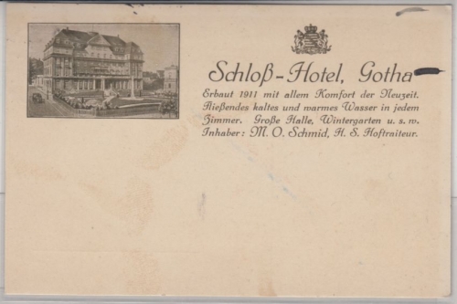 Thüringen - Gotha Schloss-Hotel, sw-Firmen-AK, gelaufen 1914