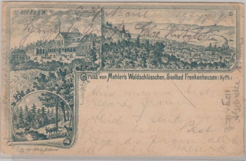 Thüringen - Frankenhausen, Mehlers Waldschlösschen, Federlitho gelaufen 1897