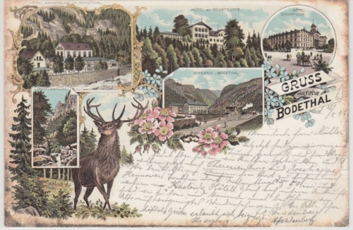 Sachsen-Anhalt - Bodethal, farb. Mehrbild-Litho, gelaufen Thale 1899