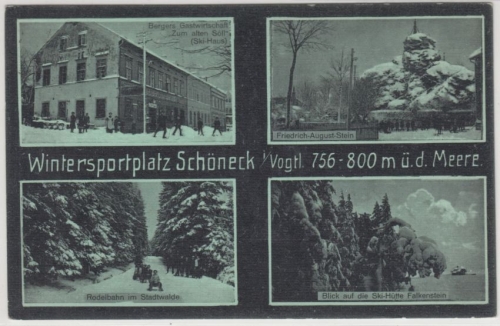 Sachsen - Schöneck i. Vogtland, sw-Mehrbild-AK (Wirtschaft etc.) gelaufen 1923