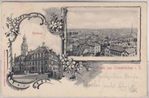 Sachsen - Crimmitzschau, sw-Mehrbild-AK, gelaufen 1907, Firmenlochung