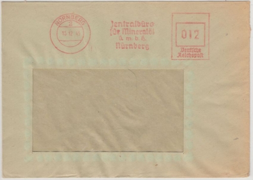 All.Bes. - Nürnberg 15.12.45, 12 Pfg. AFS "Zentralbüro für Mineralöl", Brief