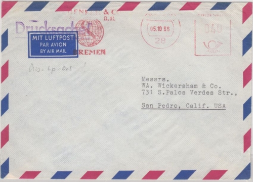 BRD - Bremen 1966, 40 Pfg. AFS "Schenker", Lupo-Drucksachenbrief n. USA