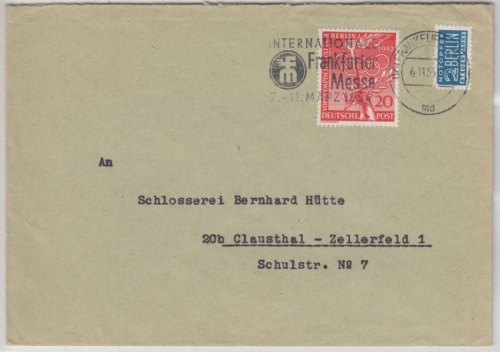 Berlin - 20 Pfg. Vor-Olympiade, Brief Frankfurt - Clausthal 1953