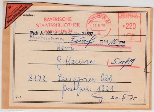 BRD - München 34, 1975 - 220 Pfg. AFS "Bayer. Staatsbibliothek", NN-Pn-VDS