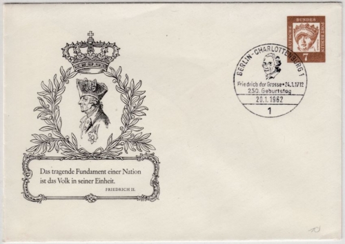 Berlin - 250. Geb. Friedrich d. Große, 7 Pfg. Privat-GA-Umschlag + SST 1962