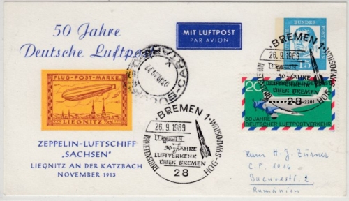 Berlin - 50 J. Dt. Luftpost 15 Pfg. Bed.Dt. Privat-Lupo-GA-Karte SST Bremen 1969